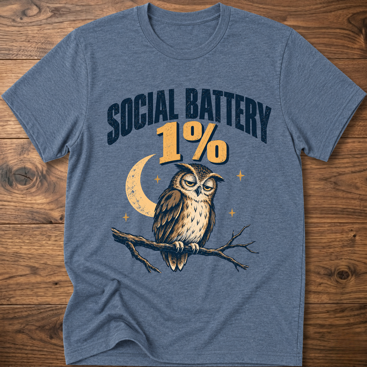 Heather indigo graphic owl T-shirt with “19%” moon and branch design