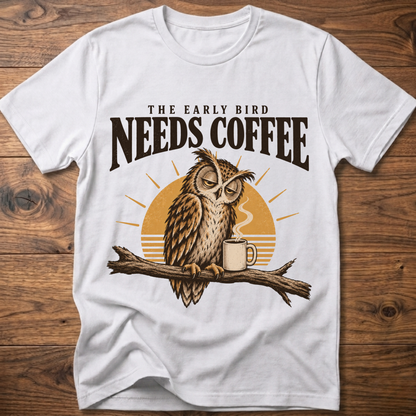 White crew-neck T-shirt with owl perched on a branch beside a coffee mug graphic