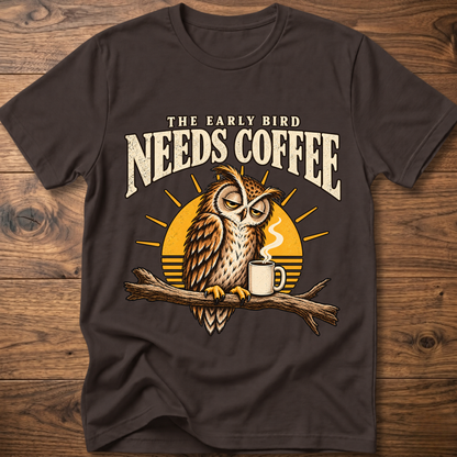 Dark brown crew-neck T-shirt with owl perched on a branch beside a coffee mug graphic