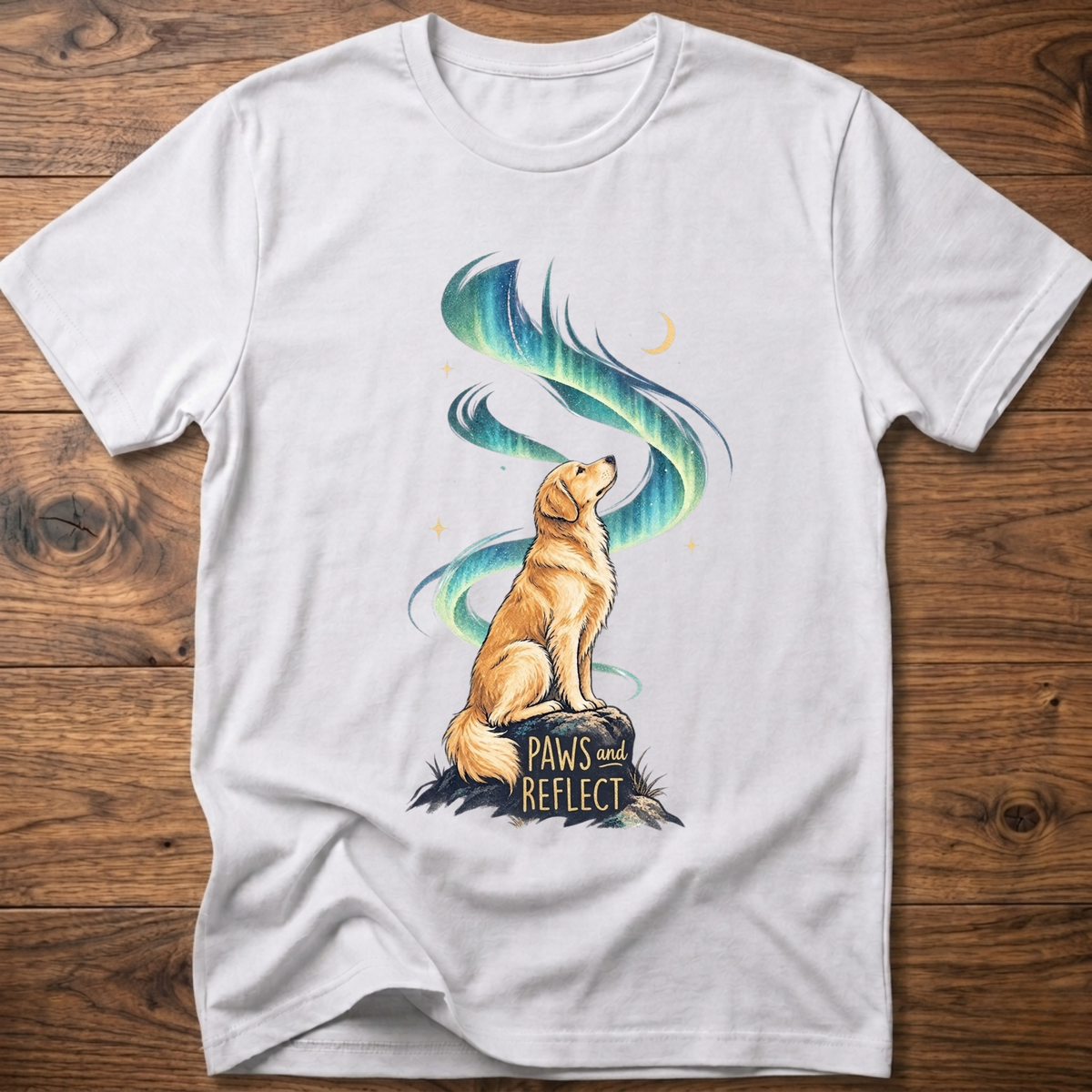 White T-shirt with cat graphic, teal-blue swirl, 'Paws & Reflect' print