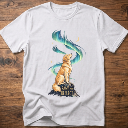 White T-shirt with cat graphic, teal-blue swirl, 'Paws & Reflect' print