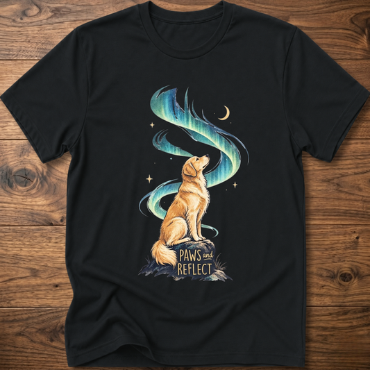 Black T-shirt with cat graphic, teal-blue swirl, 'Paws & Reflect' print