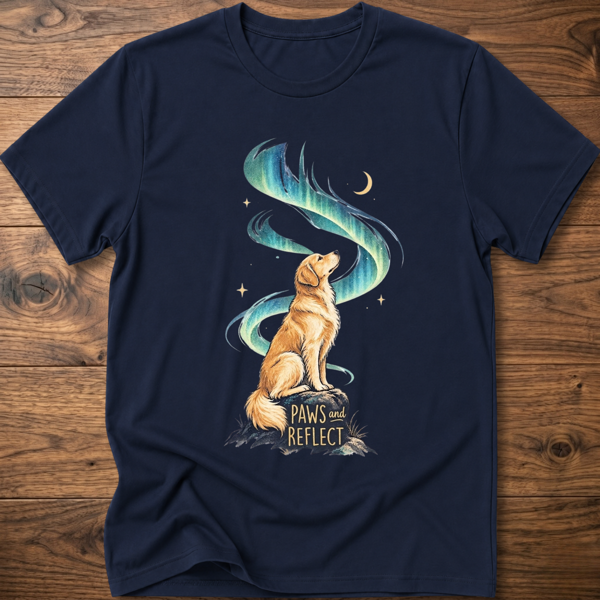 Navy T-shirt with cat graphic, teal-blue swirl, 'Paws & Reflect' print