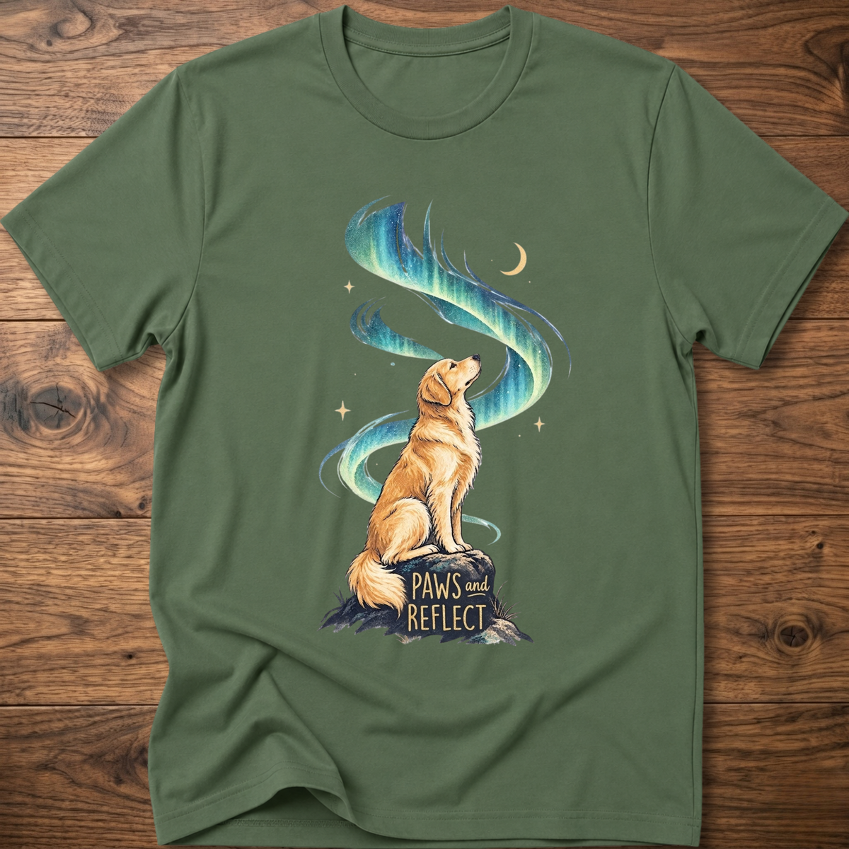 Military green T-shirt with cat graphic, teal-blue swirl, 'Paws & Reflect' print