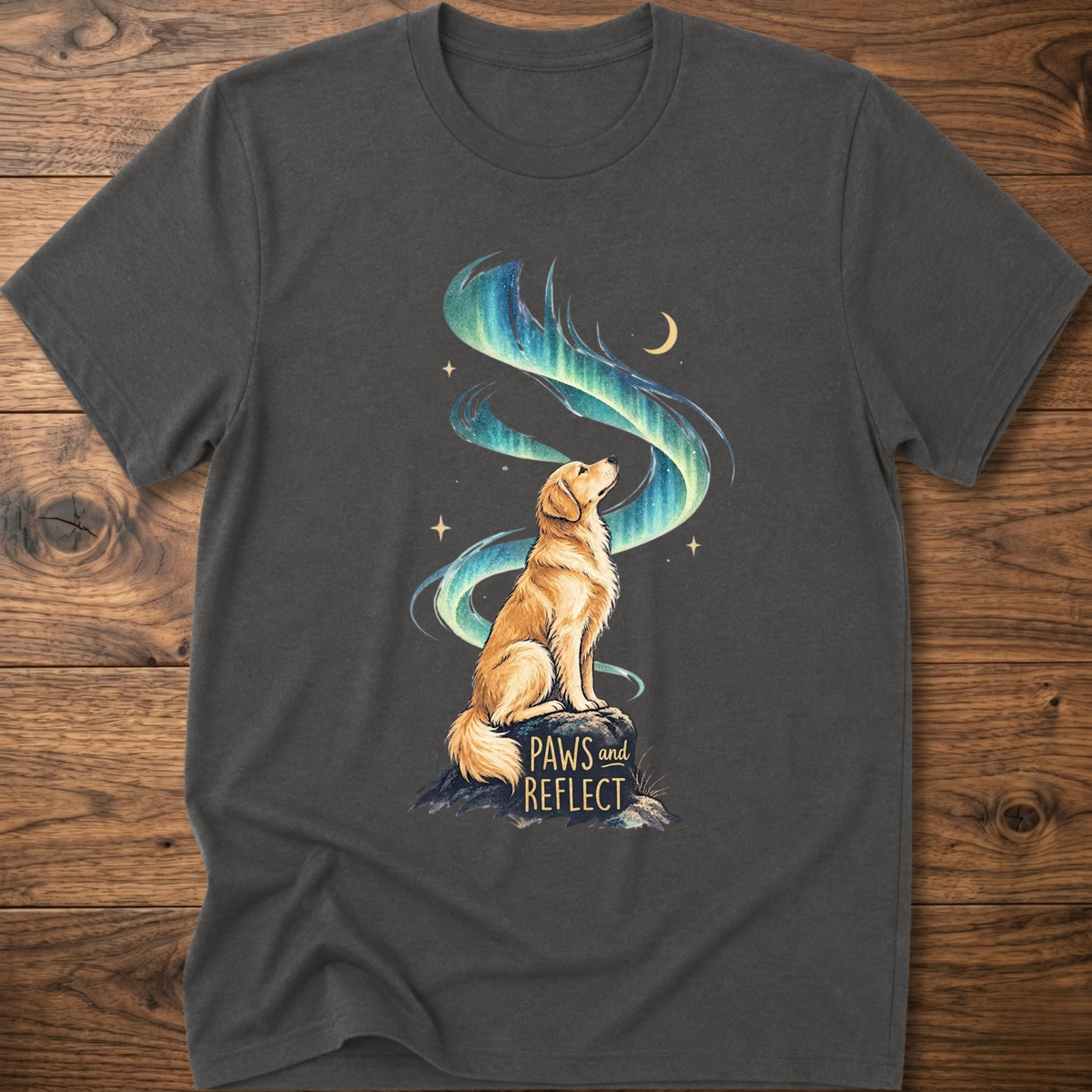 Charcoal T-shirt with cat graphic, teal-blue swirl, 'Paws & Reflect' print
