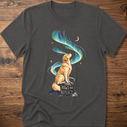 Charcoal T-shirt with cat graphic, teal-blue swirl, 'Paws & Reflect' print