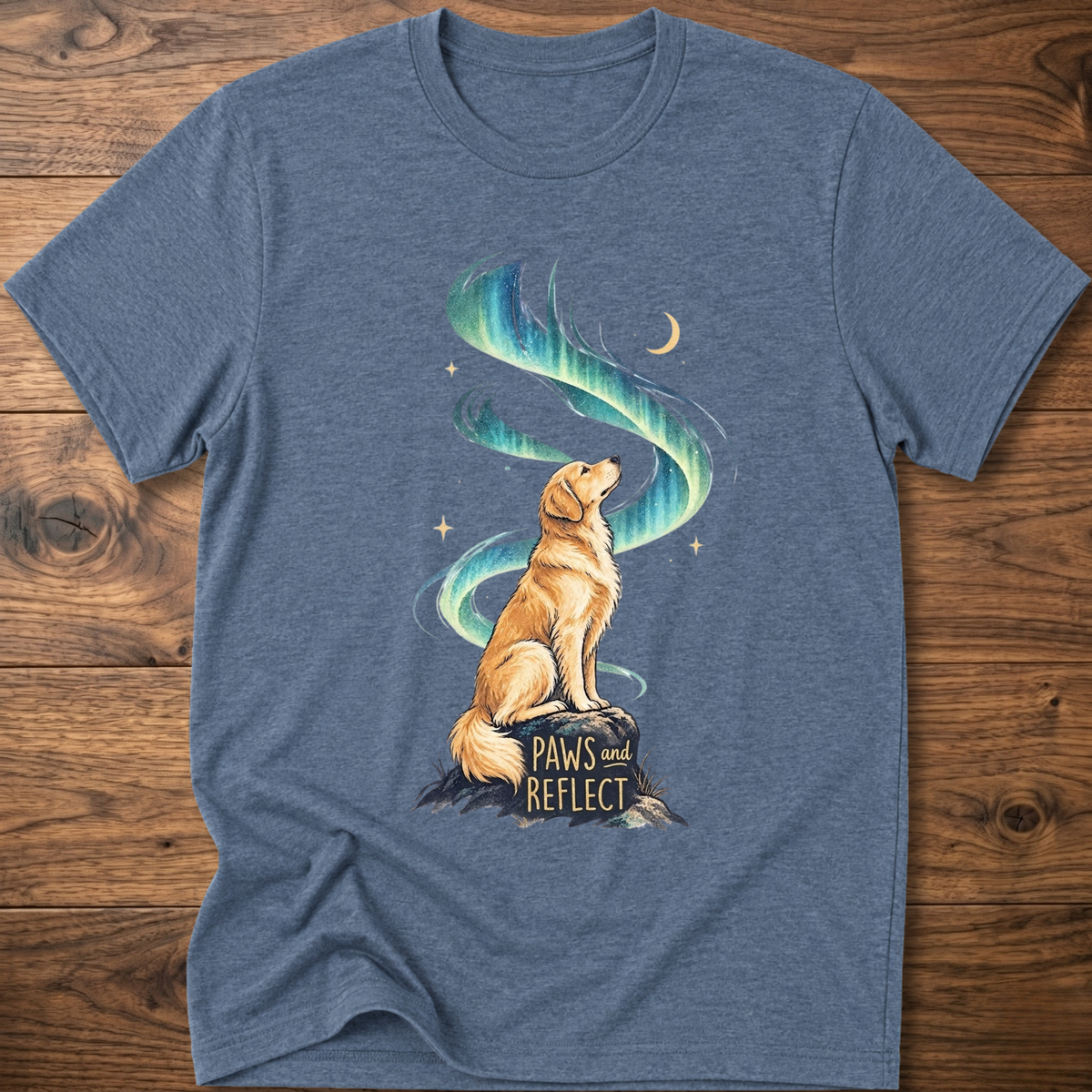 Heather blue T-shirt with cat graphic, teal-blue swirl, 'Paws & Reflect' print