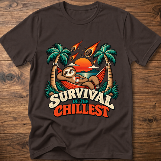 Dark brown t-shirt with palm hammock graphic and “Survival of the Chillest” text