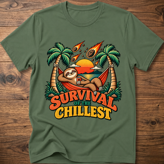 Military green t-shirt with palm hammock graphic and “Survival of the Chillest” text