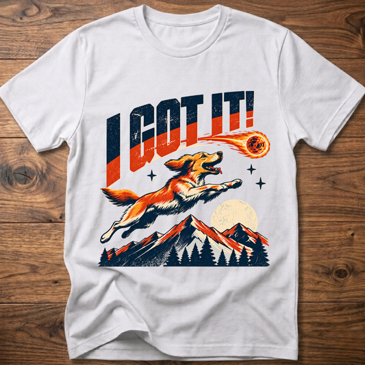 White T-shirt with 'I GOT IT' retro dog graphic and sunset mountains