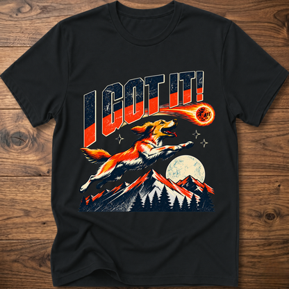 Black T-shirt with 'I GOT IT' retro dog graphic and sunset mountains