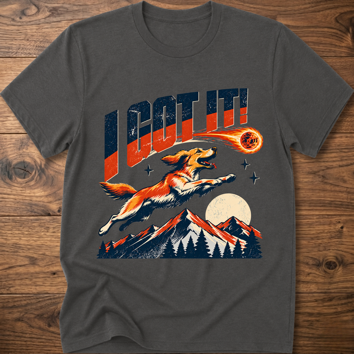 Heather charcoal T-shirt with 'I GOT IT' retro dog graphic and sunset mountains