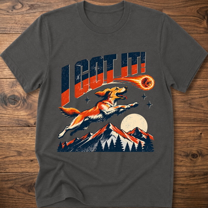 Heather charcoal T-shirt with 'I GOT IT' retro dog graphic and sunset mountains