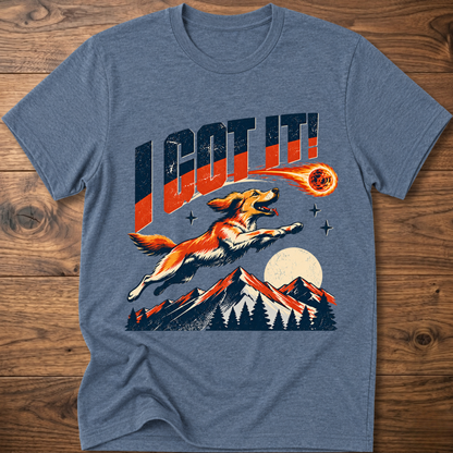 Heather blue T-shirt with 'I GOT IT' retro dog graphic and sunset mountains