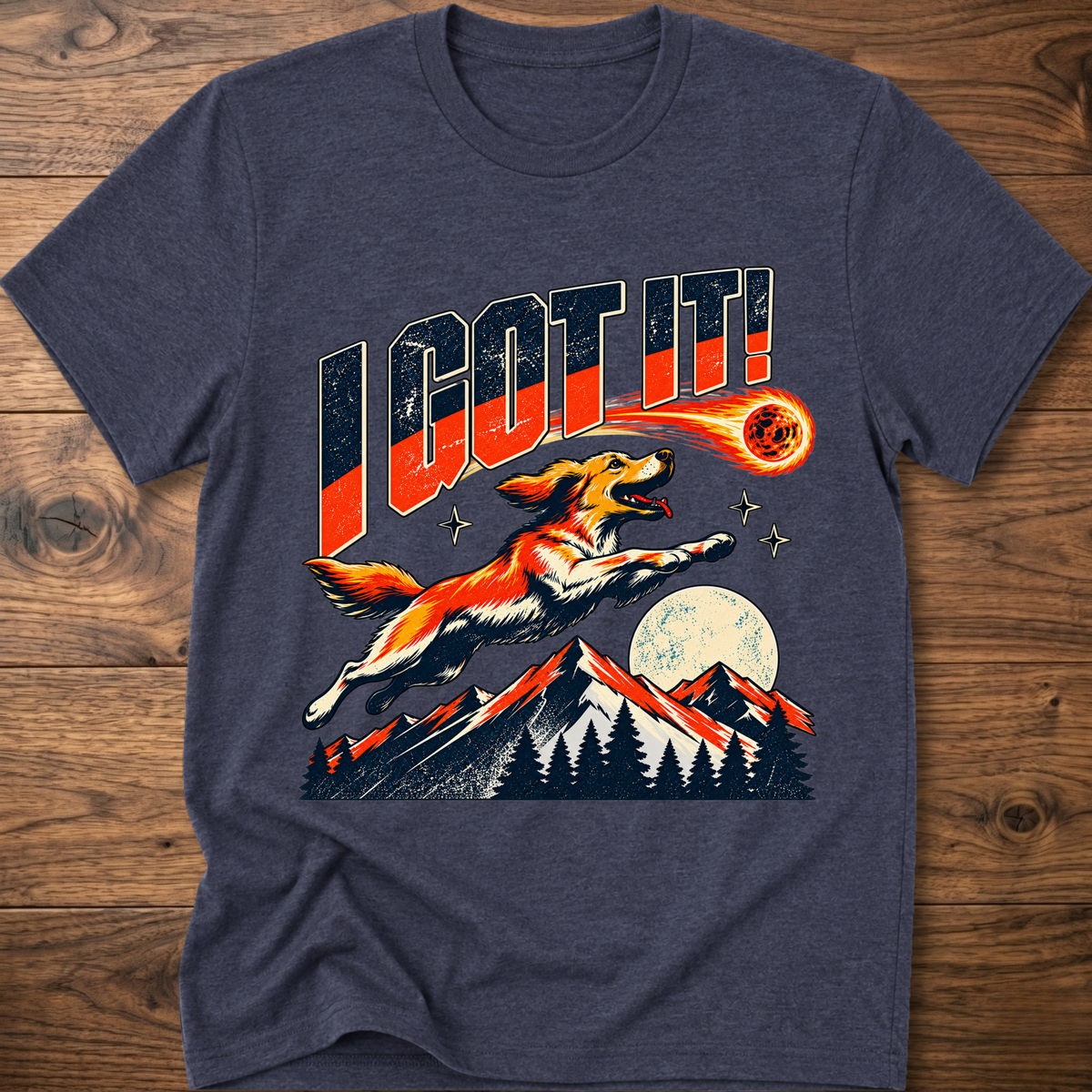 Heather navy T-shirt with 'I GOT IT' retro dog graphic and sunset mountains