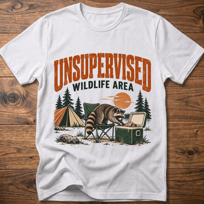 White graphic T-shirt with raccoon and “Wildlife Area” illustration