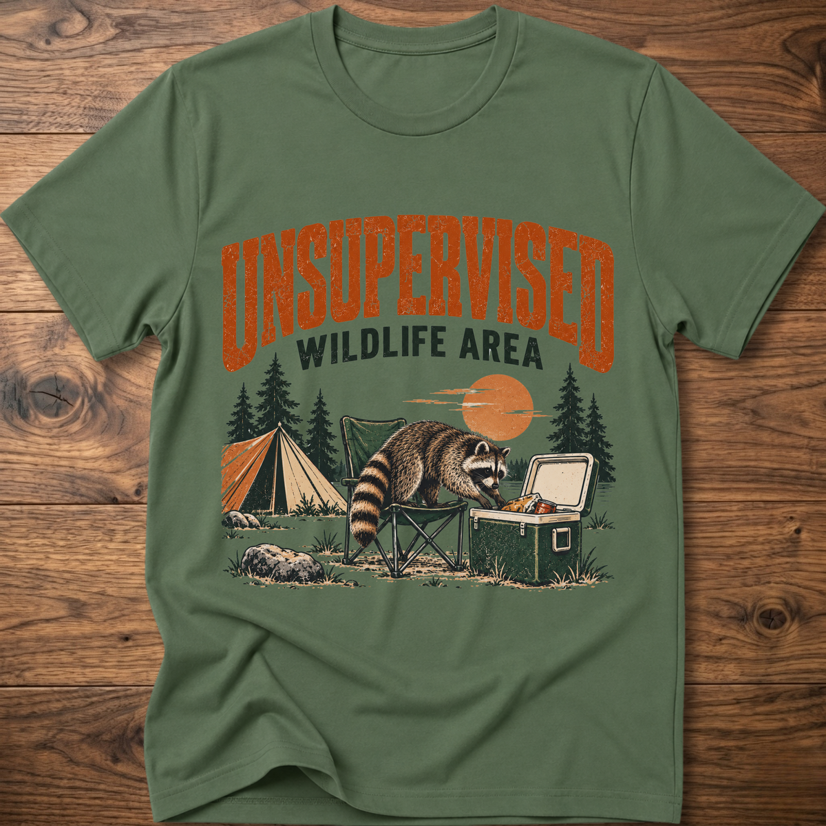 Military green graphic T-shirt with raccoon and “Wildlife Area” illustration