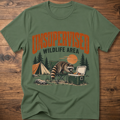 Military green graphic T-shirt with raccoon and “Wildlife Area” illustration