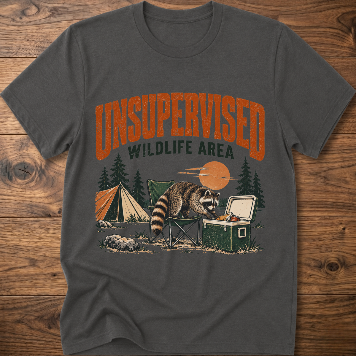Charcoal graphic T-shirt with raccoon and “Wildlife Area” illustration