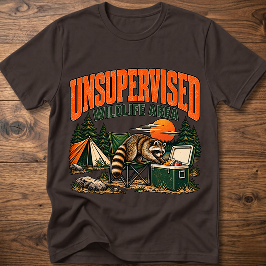 Dark brown graphic T-shirt with raccoon and “Wildlife Area” illustration