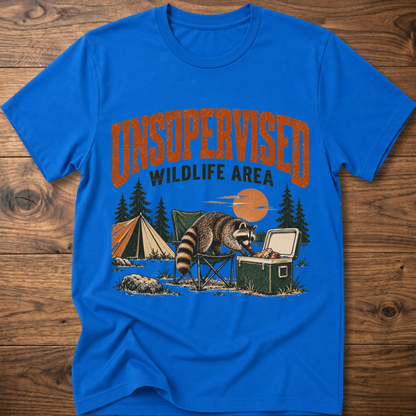 Royal blue graphic T-shirt with raccoon and “Wildlife Area” illustration