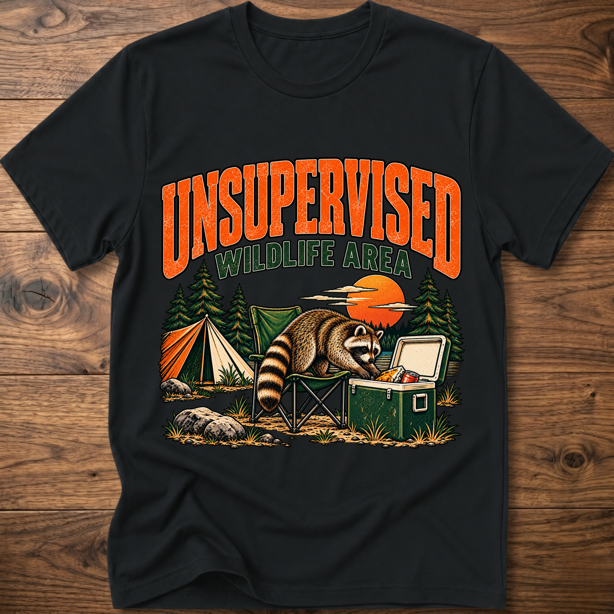 Black graphic T-shirt with raccoon and “Wildlife Area” illustration