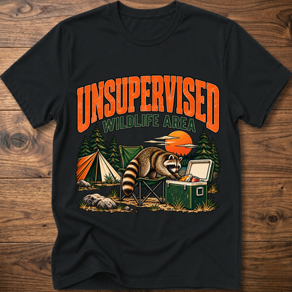 Black graphic T-shirt with raccoon and “Wildlife Area” illustration