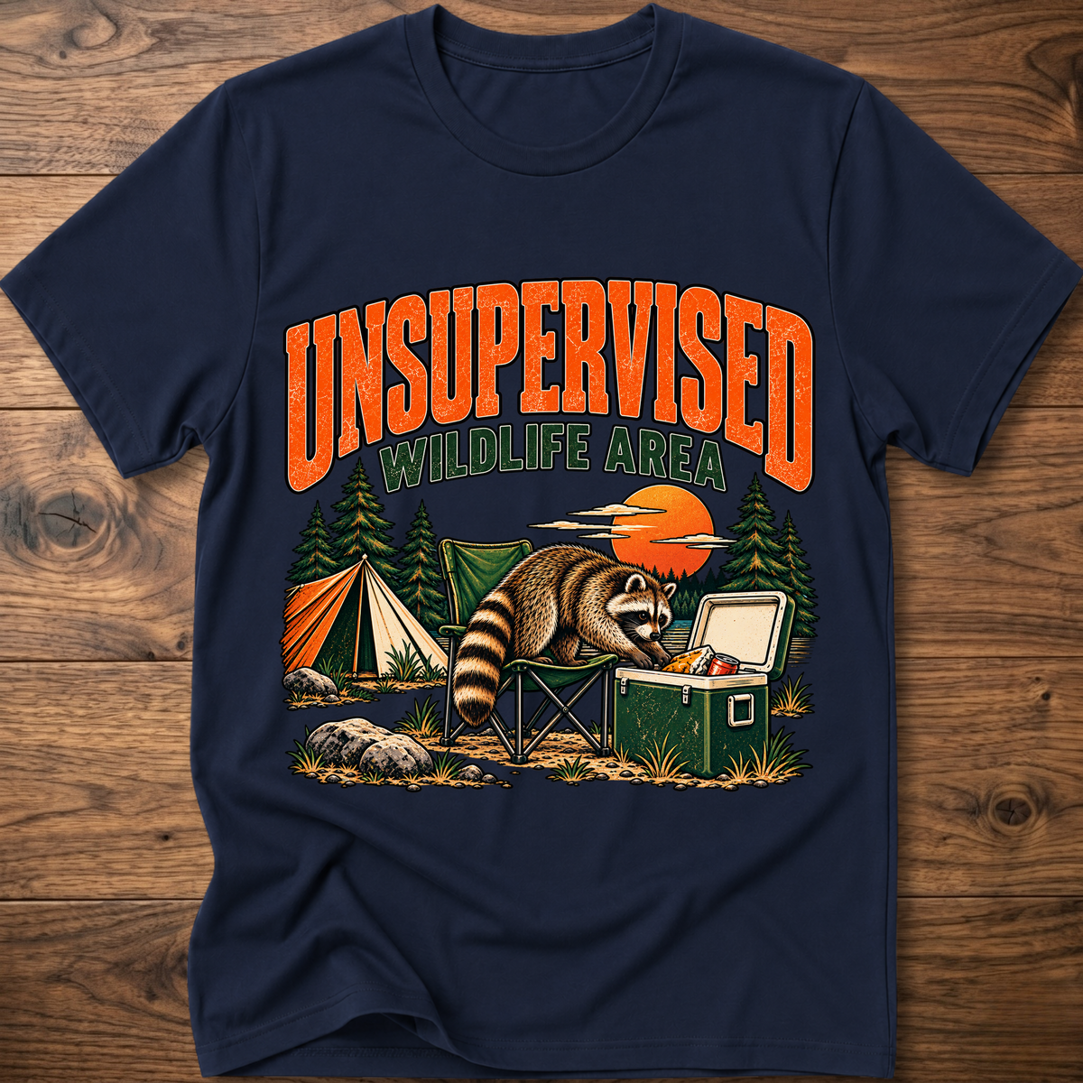 Navy graphic T-shirt with raccoon and “Wildlife Area” illustration