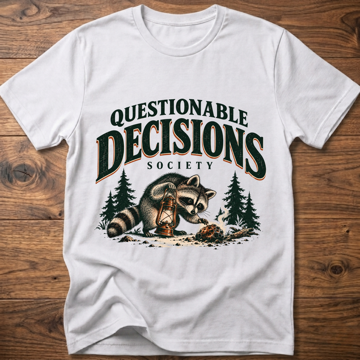 White graphic t-shirt with raccoon and lantern front print
