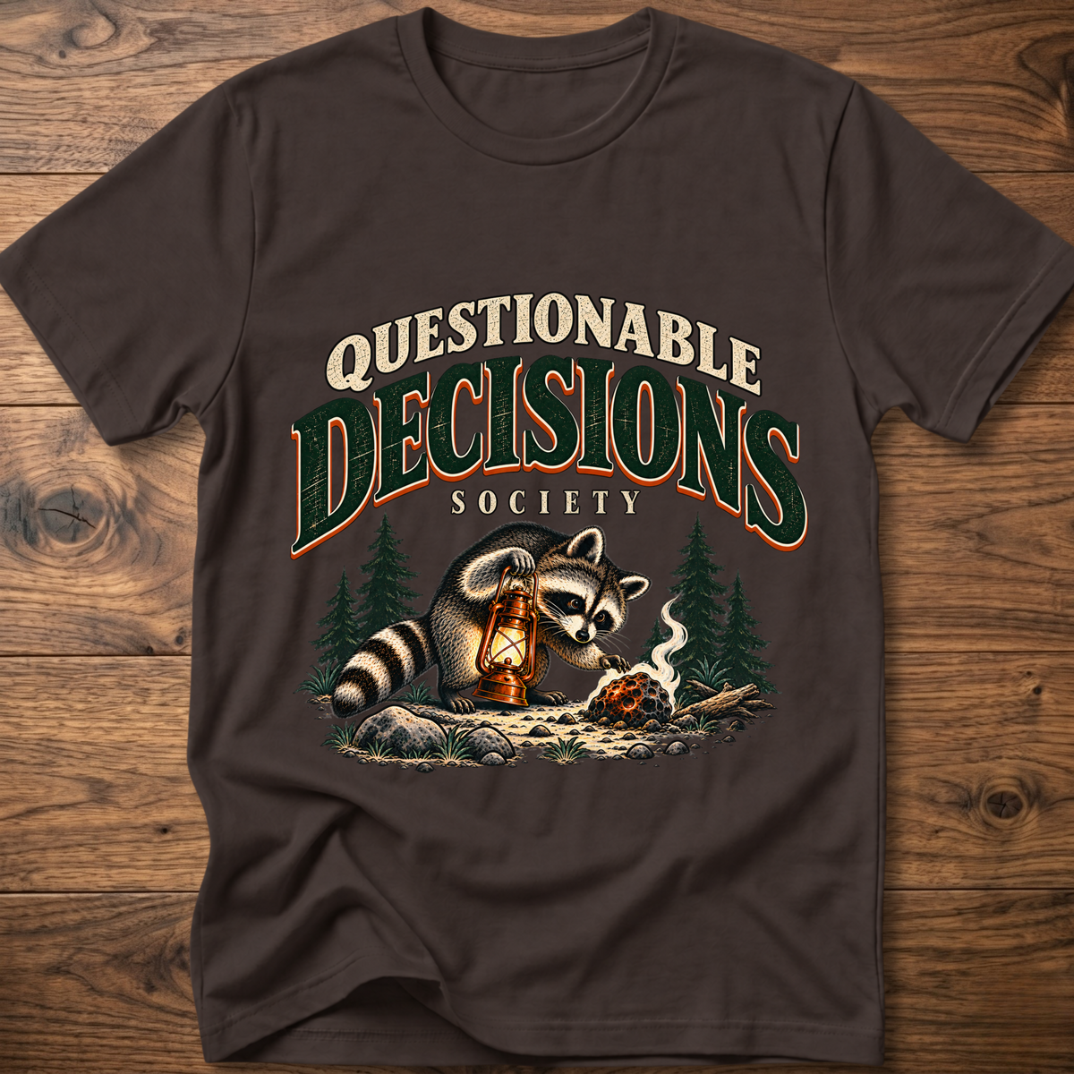 Dark brown graphic t-shirt with raccoon and lantern front print