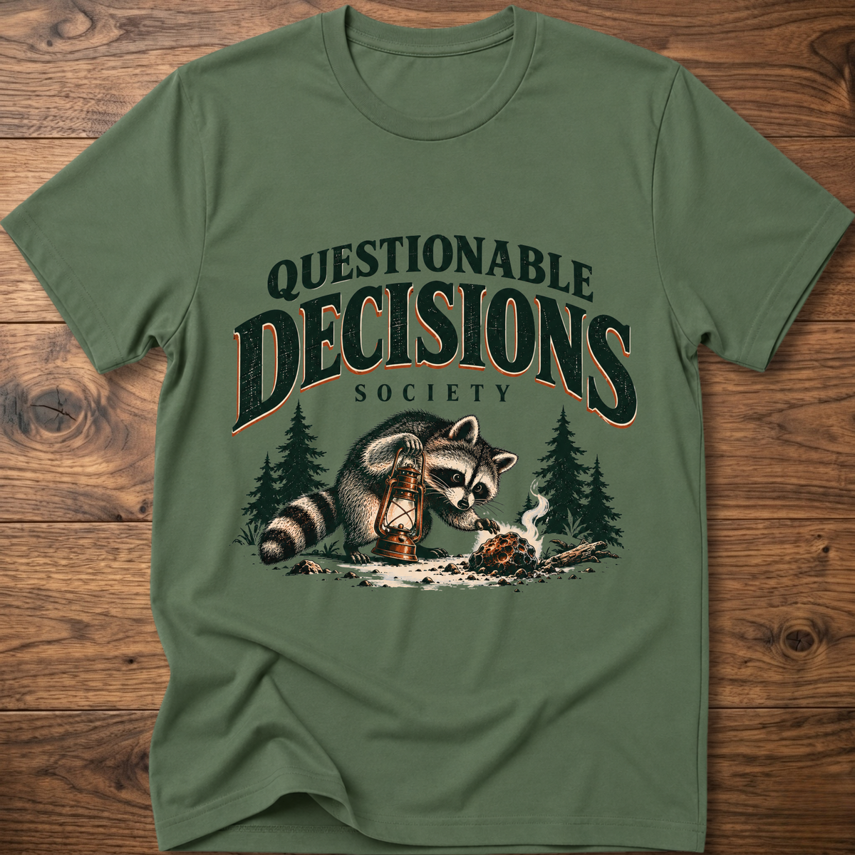 Military green graphic t-shirt with raccoon and lantern front print