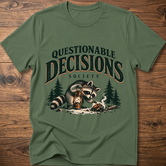 Military green graphic t-shirt with raccoon and lantern front print