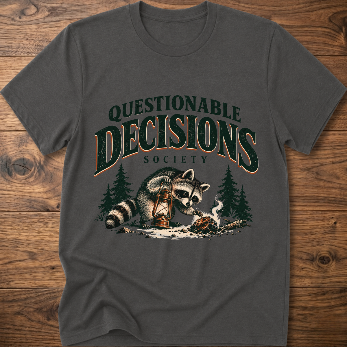Dark gray graphic t-shirt with raccoon and lantern front print