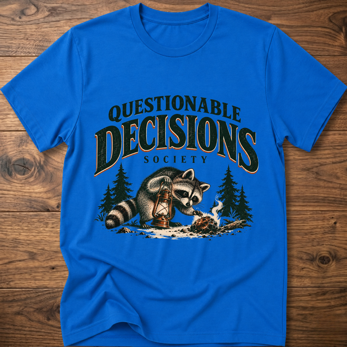 Royal blue graphic t-shirt with raccoon and lantern front print