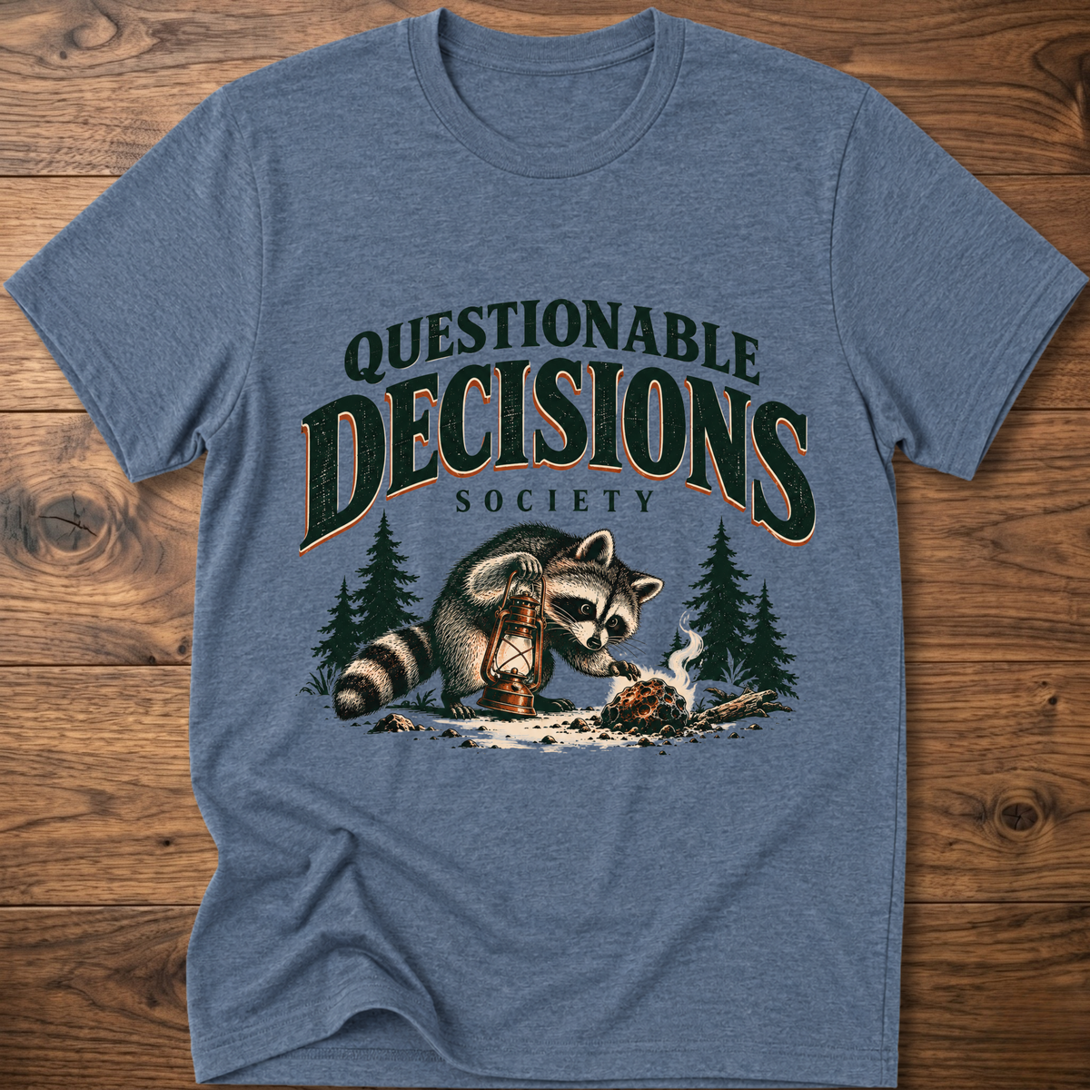 Heather blue graphic t-shirt with raccoon and lantern front print