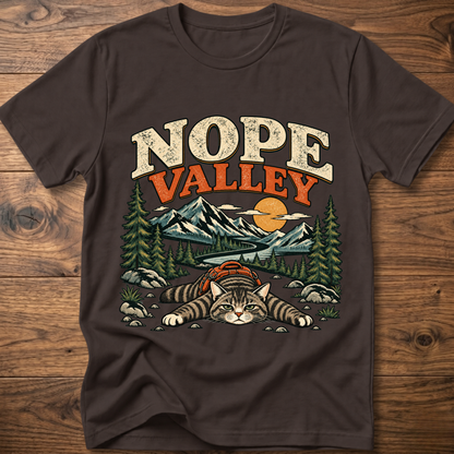 Dark brown cat T-shirt with Nope Valley mountain forest graphic