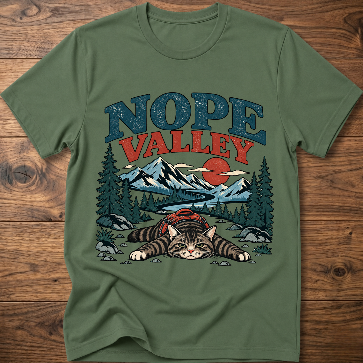 Green cat T-shirt with Nope Valley mountain forest graphic