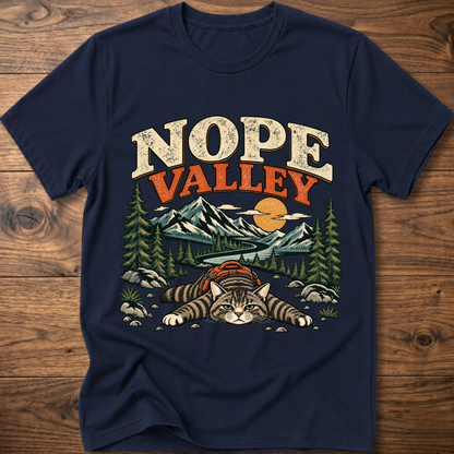 Navy cat T-shirt with Nope Valley mountain forest graphic