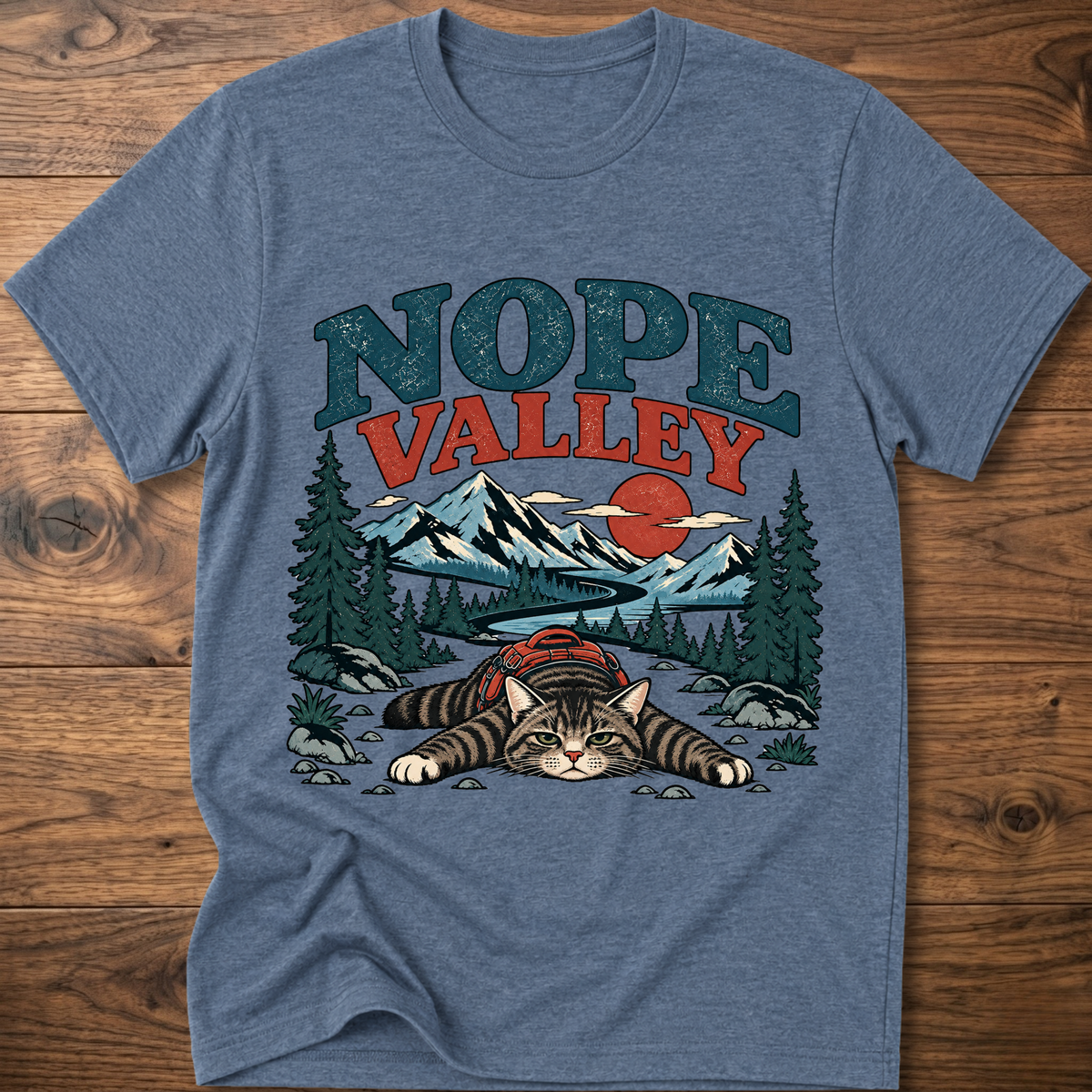 Heather blue cat T-shirt with Nope Valley mountain forest graphic