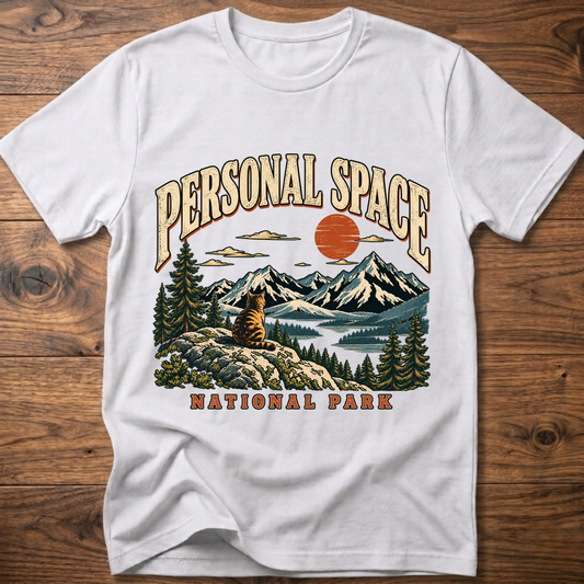 White crew-neck graphic T-shirt with Personal Space National Park scene print