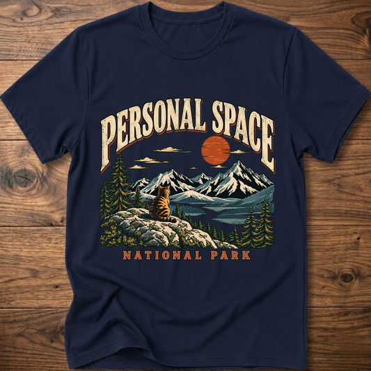 Navy crew-neck graphic T-shirt with Personal Space National Park scene print