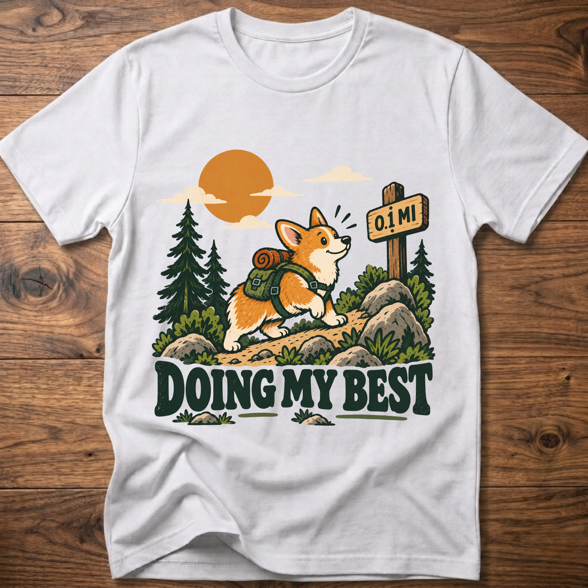 White graphic T-shirt with “Doing My Best” text and a fox sitting among trees