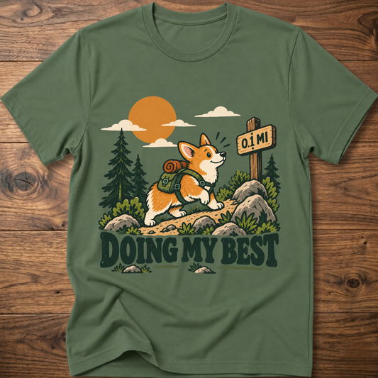 Olive green graphic T-shirt with “Doing My Best” text and a fox in a forest