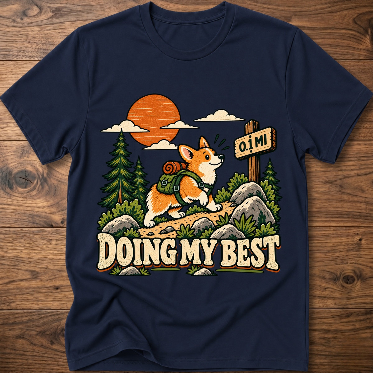 Navy graphic T-shirt with “Doing My Best” text and an orange fox outdoors