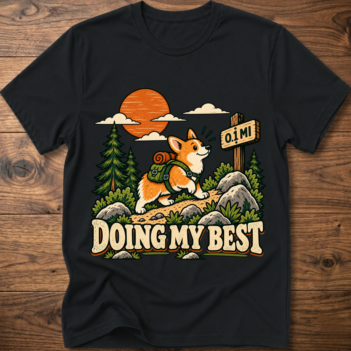 Black graphic T-shirt with “Doing My Best” text and orange fox in a landscape