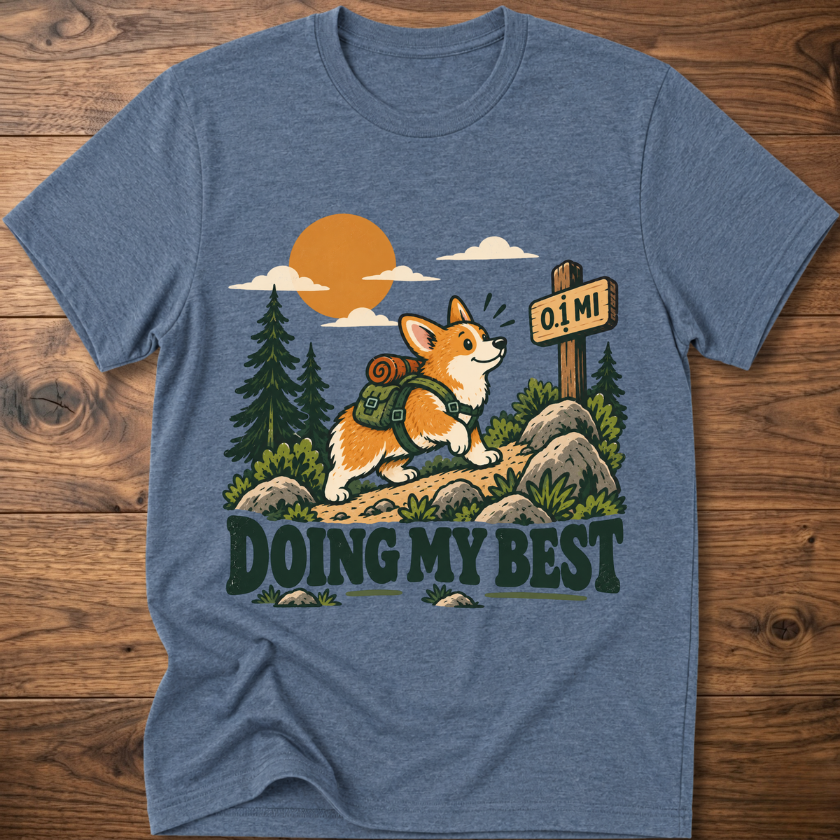 Heather blue graphic T-shirt with “Doing My Best” text and fox with trees scene