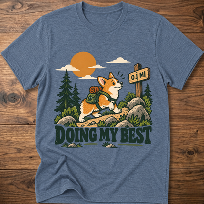 Heather blue graphic T-shirt with “Doing My Best” text and fox with trees scene