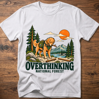White t-shirt with overthinking dog and forest graphic, crew neck