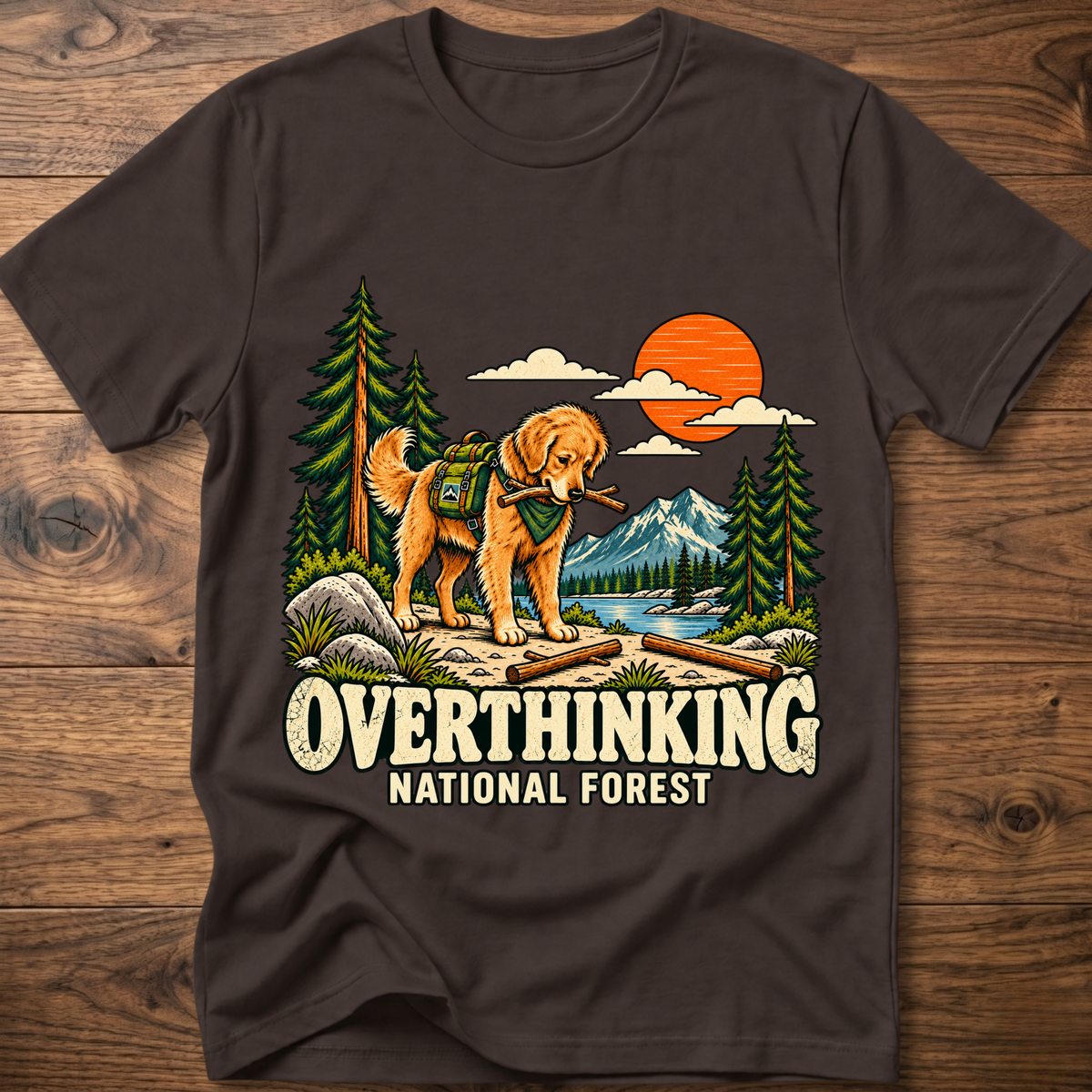 Dark brown t-shirt with overthinking dog and forest graphic, crew neck
