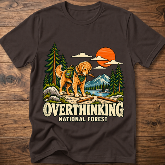 Dark brown t-shirt with overthinking dog and forest graphic, crew neck